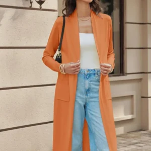 Cardigan outfits for women featuring a lightweight long maxi cardigan with pockets styled for casual and work outfits.