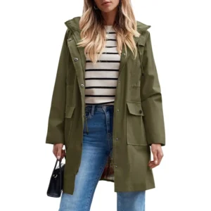 Waterproof trench coat for women with hood, lightweight polyester rain jacket for rainy day waterproof outfit and outdoor travel.