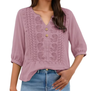 Boho embroidered top with elegant 3/4 sleeve blouse design, embroidered boho blouse outfits, boho chic outfits, boho style outfits, embroidery shirts, embroidered clothes, women 3/4 sleeve top, and embroidered fashion for everyday boho style.