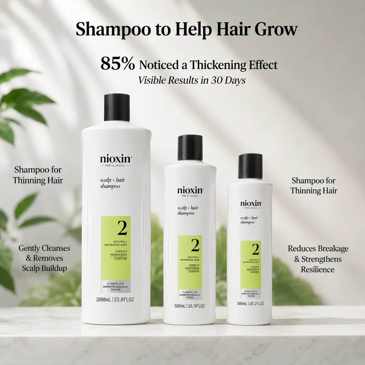 Nioxin shampoo to help hair grow available in three bottle sizes