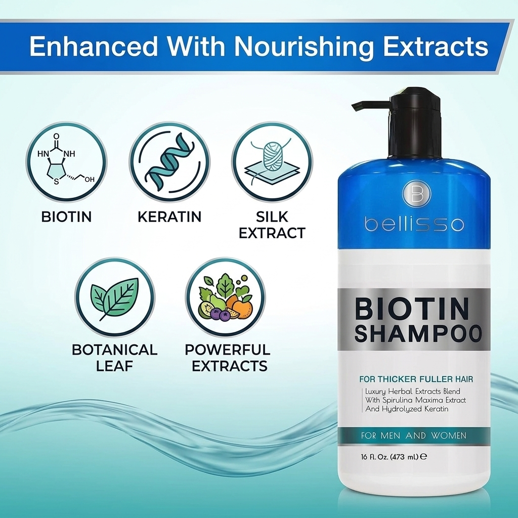 Biotin shampoo enhanced with keratin, silk extract, and nourishing botanicals