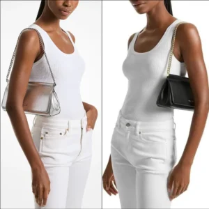 Women wearing white outfits carrying a Michael Kors metallic leather clutch bag on their arms, featuring metallic pebbled leather, silver-tone hardware, rectangular shape, and flap closure, styled as an elegant evening accessory.