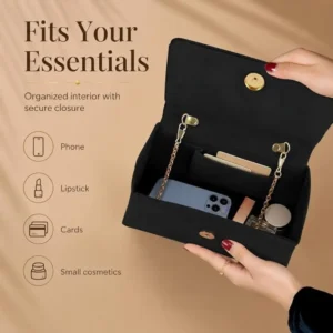 Black evening bags with organized interior holding a phone, cards, lipstick, cosmetics, and other small essentials.