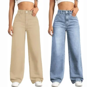 Women wearing high-waisted wide-leg jeans in a relaxed fit, featuring lightweight stretchy denim pants for casual everyday outfits.