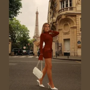 Women's mock neck bodycon mini dress with long sleeves, fitted silhouette, ruffle cuffs, and decorative flap pockets for fall outfits