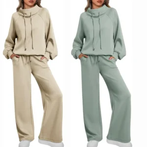 Women's lounge sets with mock neck sweatshirt, wide-leg pants, drawstring detail, and side pockets in a relaxed two-piece design