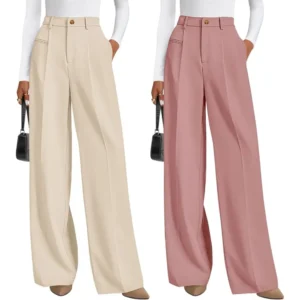 Women wearing high-waisted wide-leg dress pants with a polished office outfit, showing the ankle-length palazzo silhouette and tailored flat-front design.