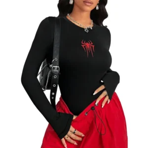 Spiderman shirt for women with red spider graphic, black long sleeve slim fit crew neck top