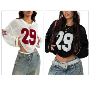 Women’s jersey shirt with Y2K graphic print, V-neck, long sleeves, and crochet knit texture for casual summer outfits