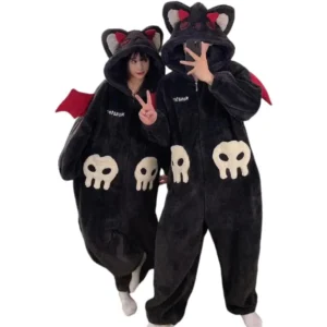 Couples Halloween costume bat one piece pajama with hood and red wings