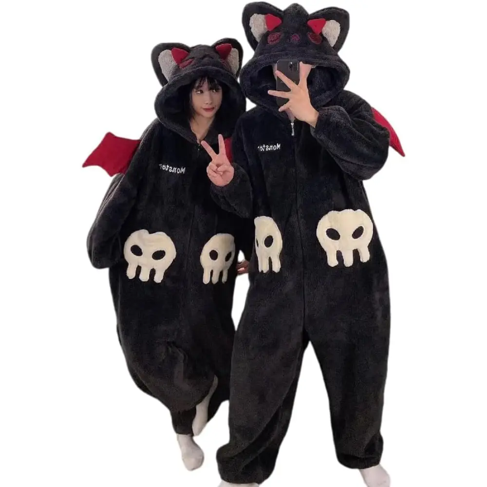 Couples Halloween costume bat one piece pajama with hood and red wings