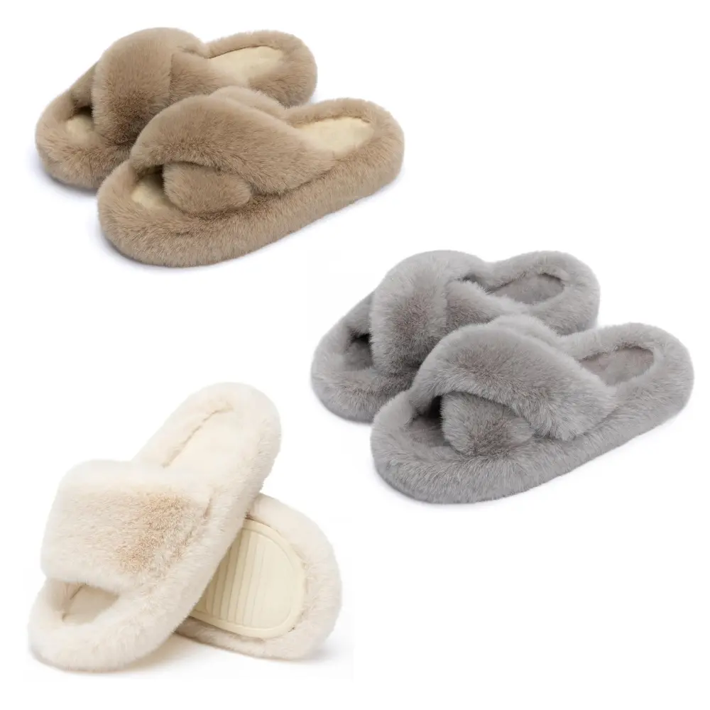 Three pairs of women’s faux fur memory foam slippers in different colors, featuring open-toe designs and cushioned EVA soles.