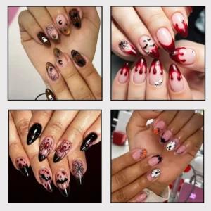 Halloween nails featuring glossy ghost, bat and spider web designs in a medium almond press-on style