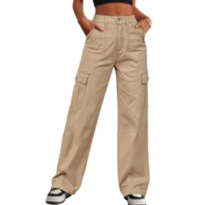 High-waisted wide-leg cargo pants for women with drawstring ankle cuffs and front utility pockets
