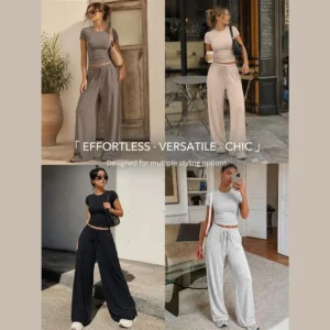 Women's matching sets in light blue rayon-spandex with a side-ruched top and drawstring wide leg pants