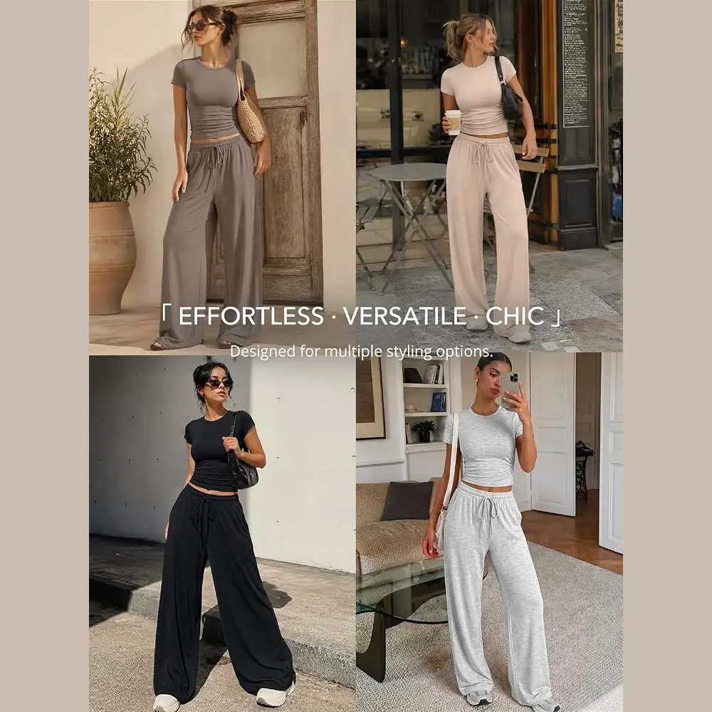 Women's matching sets in light blue rayon-spandex with a side-ruched top and drawstring wide leg pants