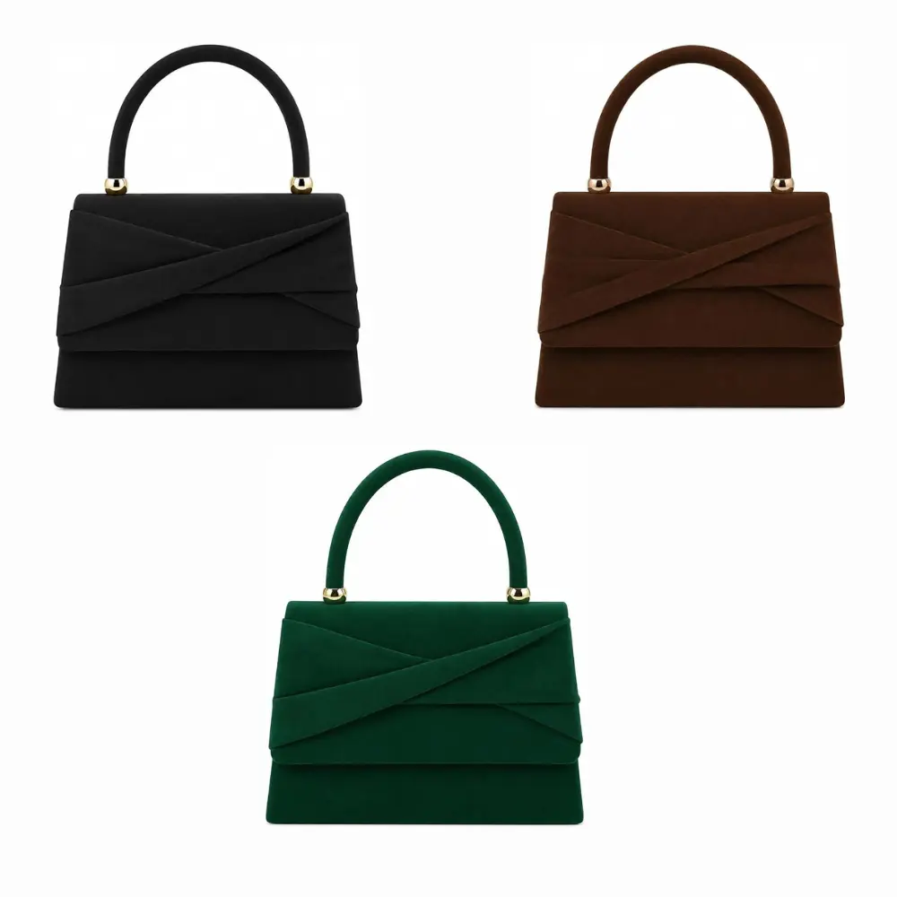 Three elegant evening bags in black, brown, and deep green with structured silhouettes, top handles, and gold-tone hardware.