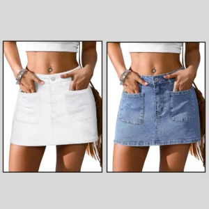 Women’s blue and white jean skirt with built-in shorts, mini denim skort with pockets and low-rise stretchy fit.
