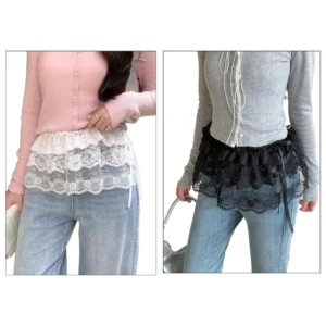 Black and White tiered floral lace mini skirt with ruffle layers and adjustable ribbon side ties for coquette, fairycore, and Y2K outfits