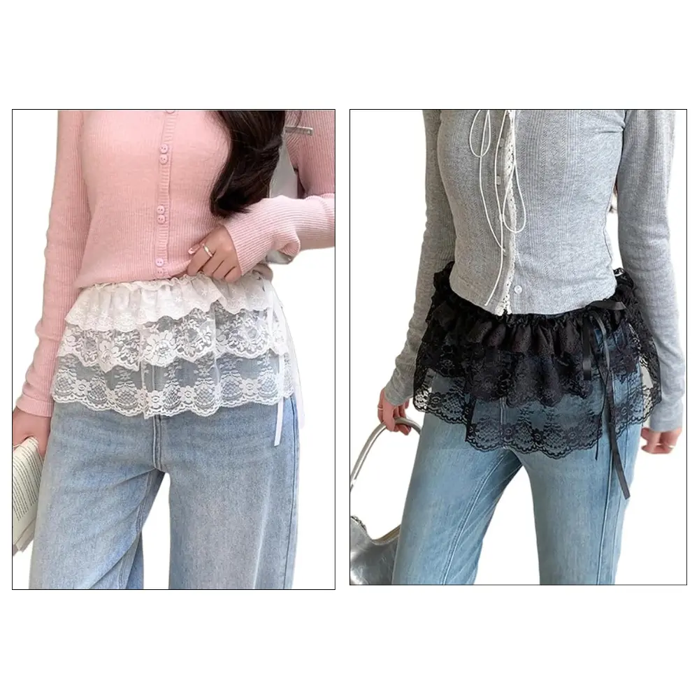 Black and White tiered floral lace mini skirt with ruffle layers and adjustable ribbon side ties for coquette, fairycore, and Y2K outfits