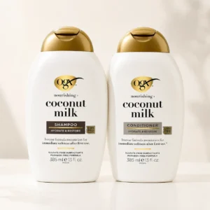 OGX coconut milk shampoo and conditioner duo for hydrating and restoring hair