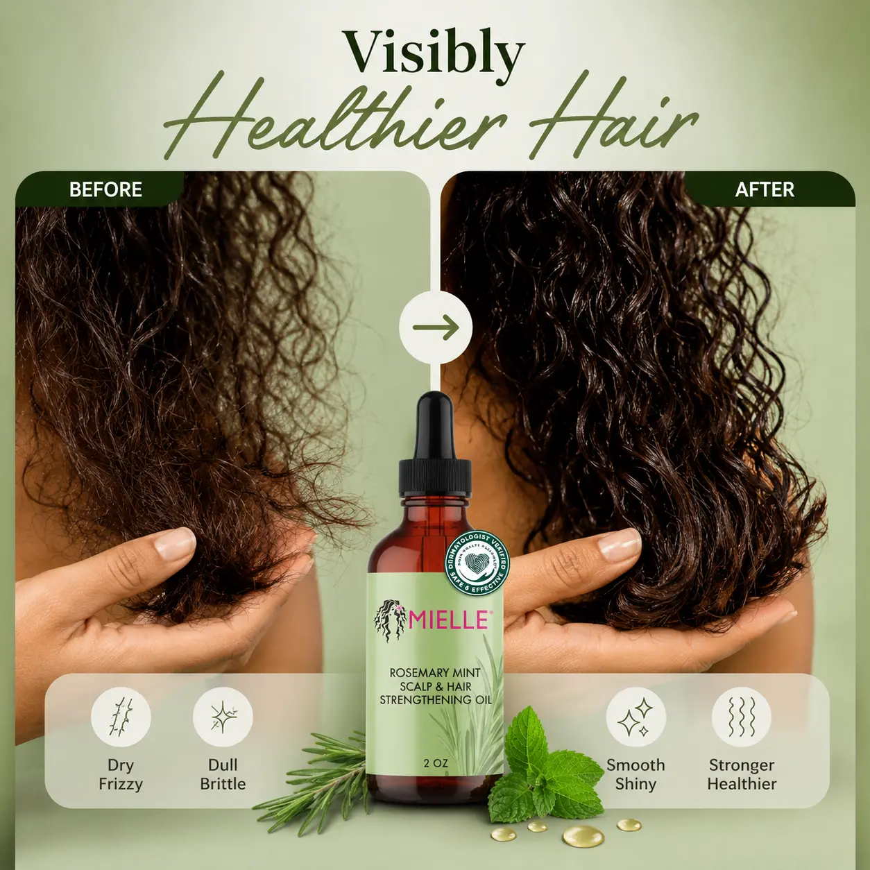Hair Growth Serum before and after comparison showing visibly smoother, shinier, and healthier-looking hair.