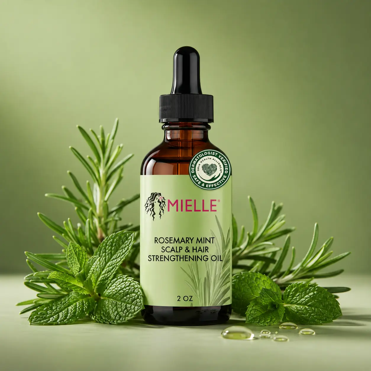Hair Growth Serum – Mielle Rosemary Mint Scalp & Hair Strengthening Oil product on a soft green background with fresh rosemary and mint leaves.