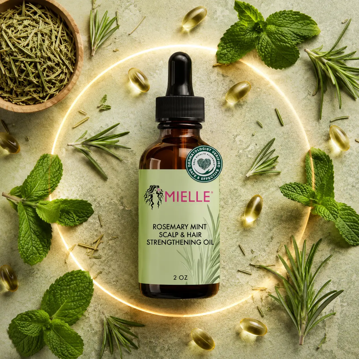Hair Growth Serum surrounded by rosemary, mint leaves, and biotin capsules in a clean flat lay composition.