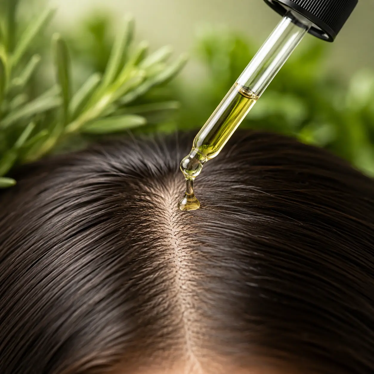 Hair Growth Serum being applied directly to the scalp with a glass dropper for targeted scalp nourishment and stronger hair.
