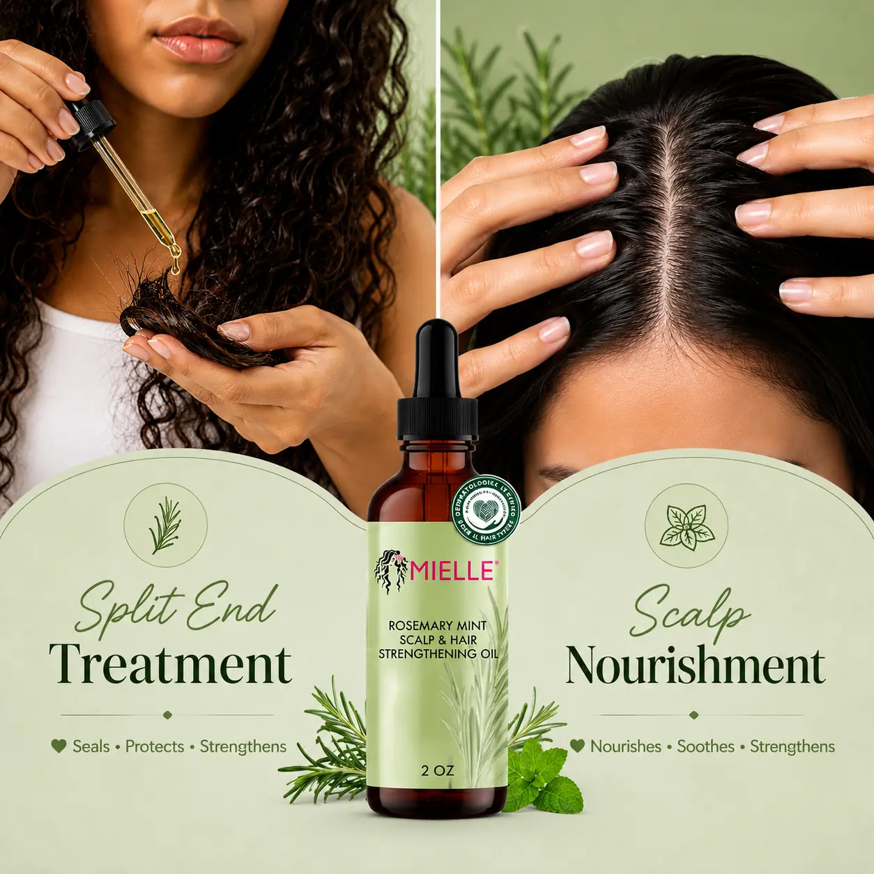 Hair Growth Serum collage showing split end treatment and scalp nourishment for healthier, stronger hair.
