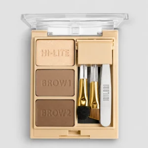 Eyebrow makeup kit with brow powders, applicator brushes, and tweezers displayed in an open compact