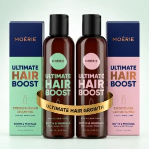 Hair growth shampoo and conditioner set with biotin and minerals displayed in a professional product setup