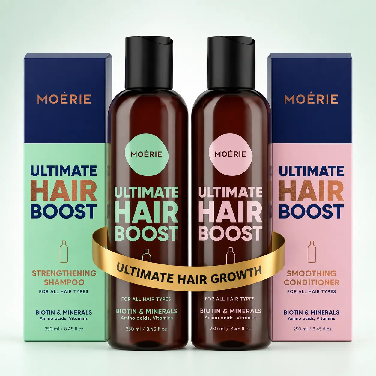 Hair growth shampoo and conditioner set with biotin and minerals displayed in a professional product setup