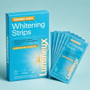 Peroxide free teeth whitening strips by Lumineux displayed in a clean professional product setup