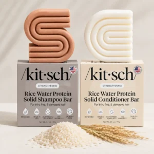 Rice water shampoo and conditioner solid bars displayed with rice grains and natural wheat accents