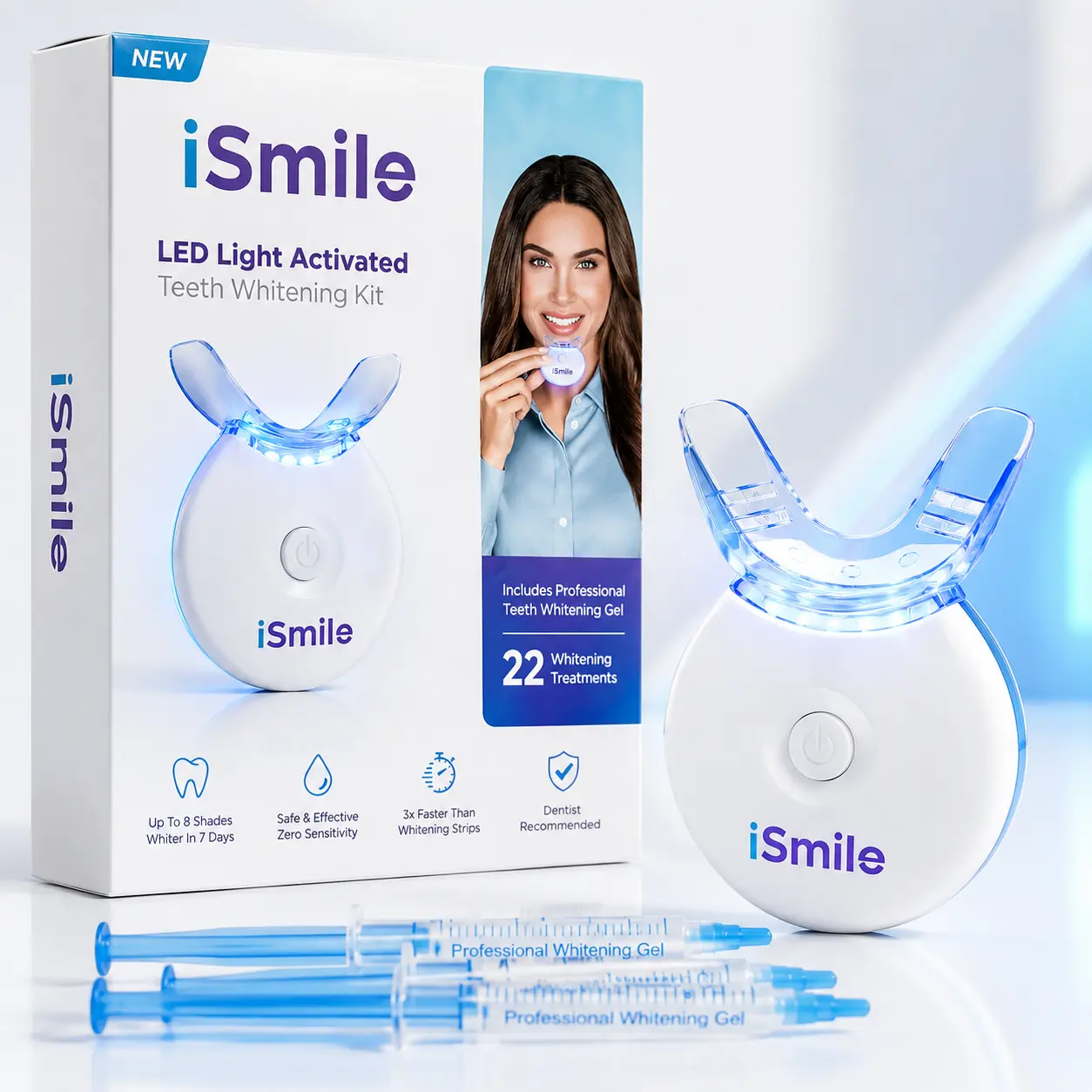 iSmile LED teeth whitening kit with whitening mouthpiece and gel applicators